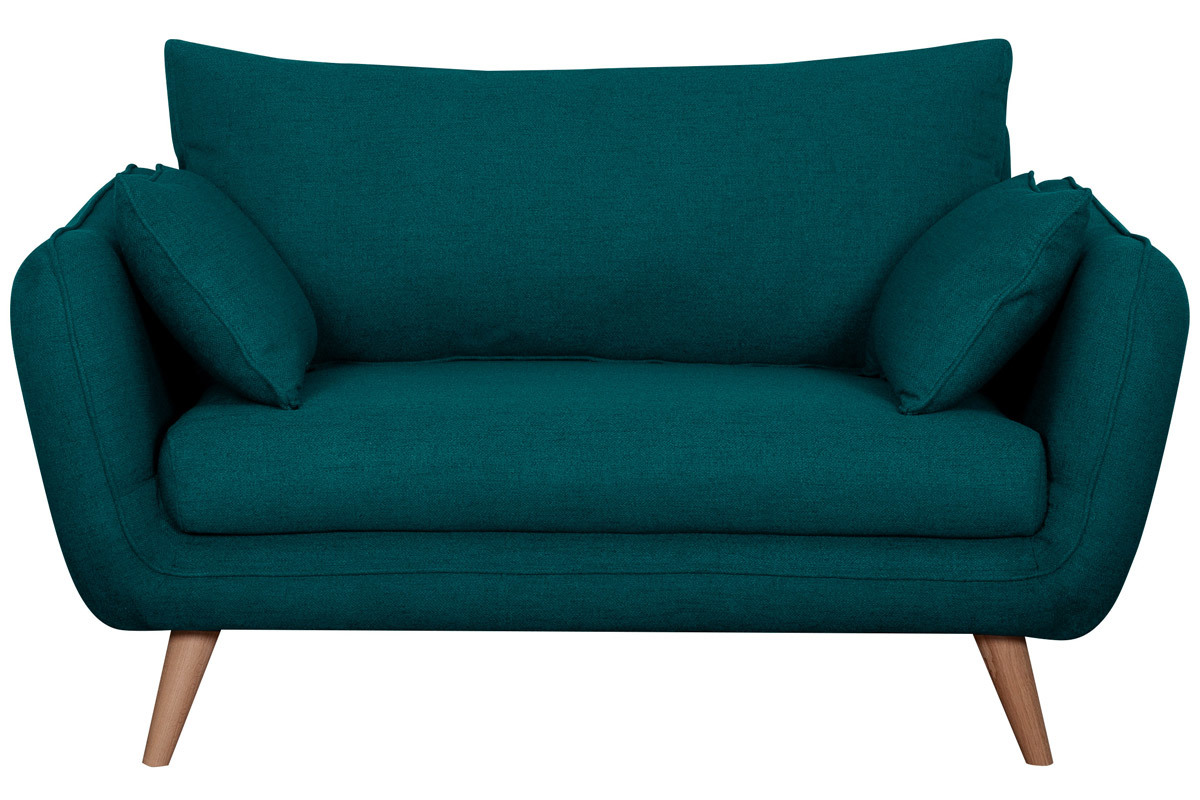 Canap scandinave 2 places en tissu bleu paon et bois clair CREEP