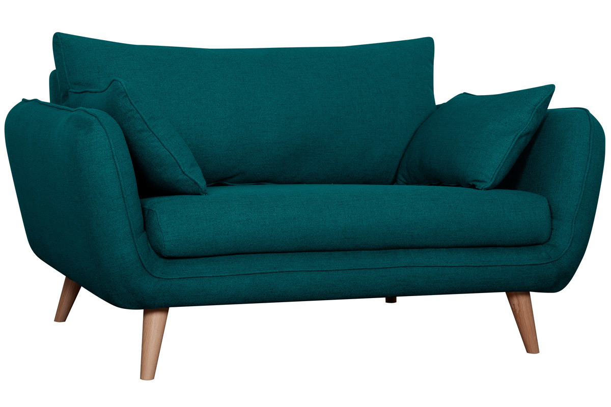 Canap scandinave 2 places en tissu bleu paon et bois clair CREEP
