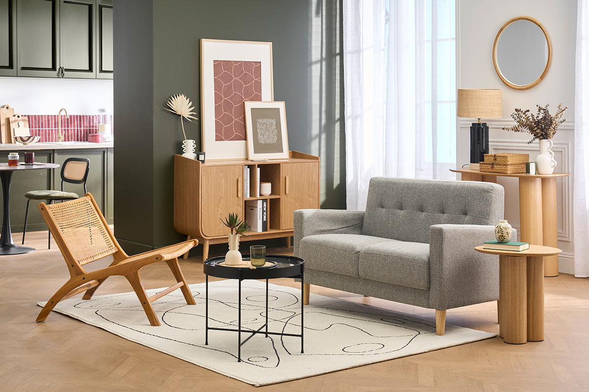 Canap� scandinave 2 places en tissu effet laine boucl�e blanc et bois clair MOON