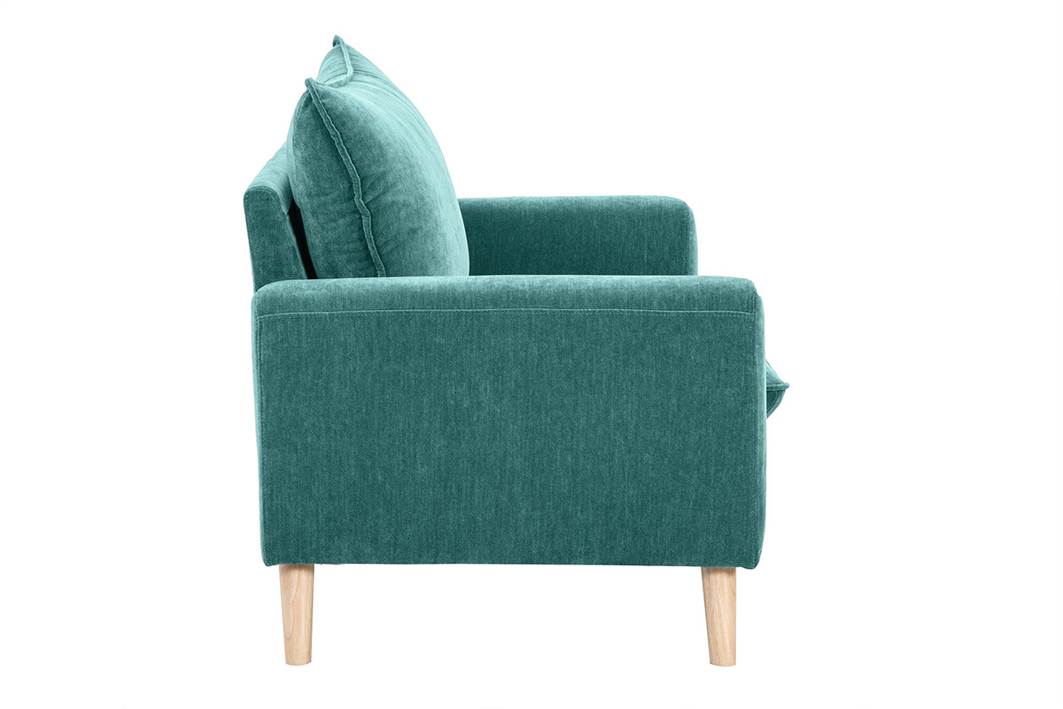 Canap� scandinave 2 places en tissu effet velours bleu canard et bois clair JONAS