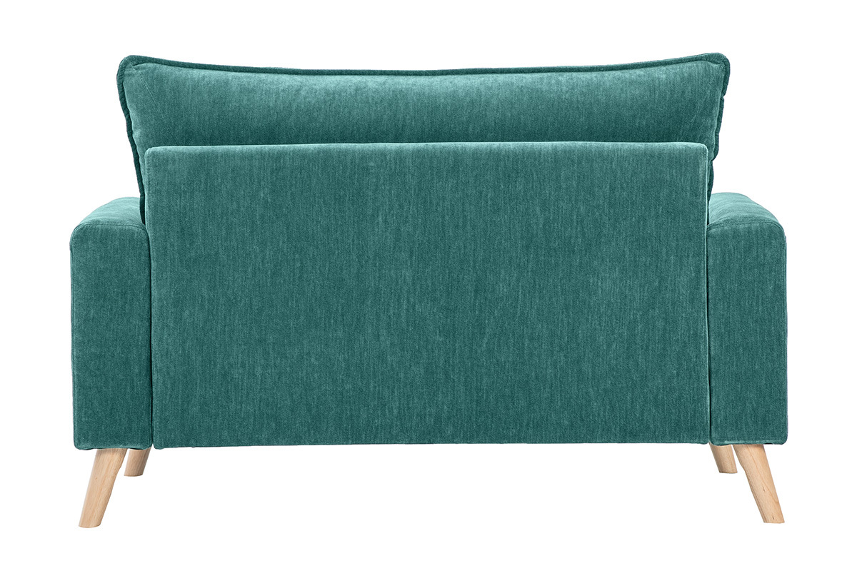 Canap� scandinave 2 places en tissu effet velours bleu canard et bois clair JONAS