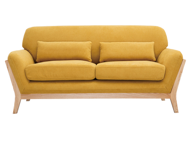 Canapé scandinave 2 places en tissu effet velours jaune moutarde et bois clair YOKO