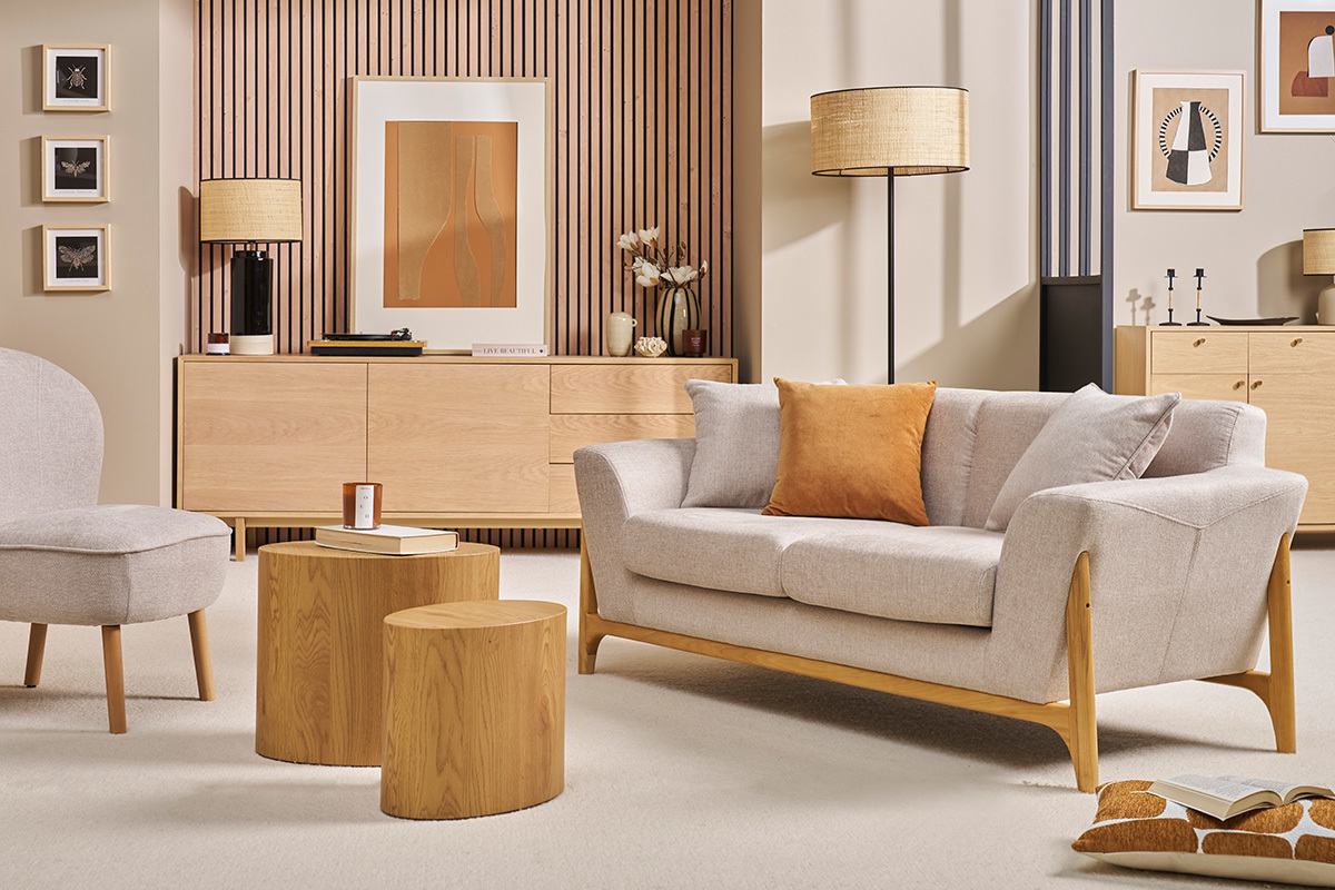 Canap scandinave 2 places en tissu effet velours textur beige et bois clair ASAKO