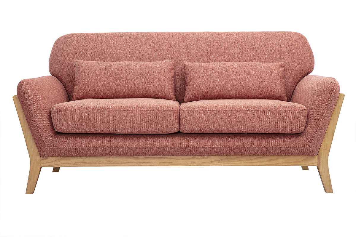 Canap scandinave 2 places en tissu effet velours textur terracotta et bois clair YOKO