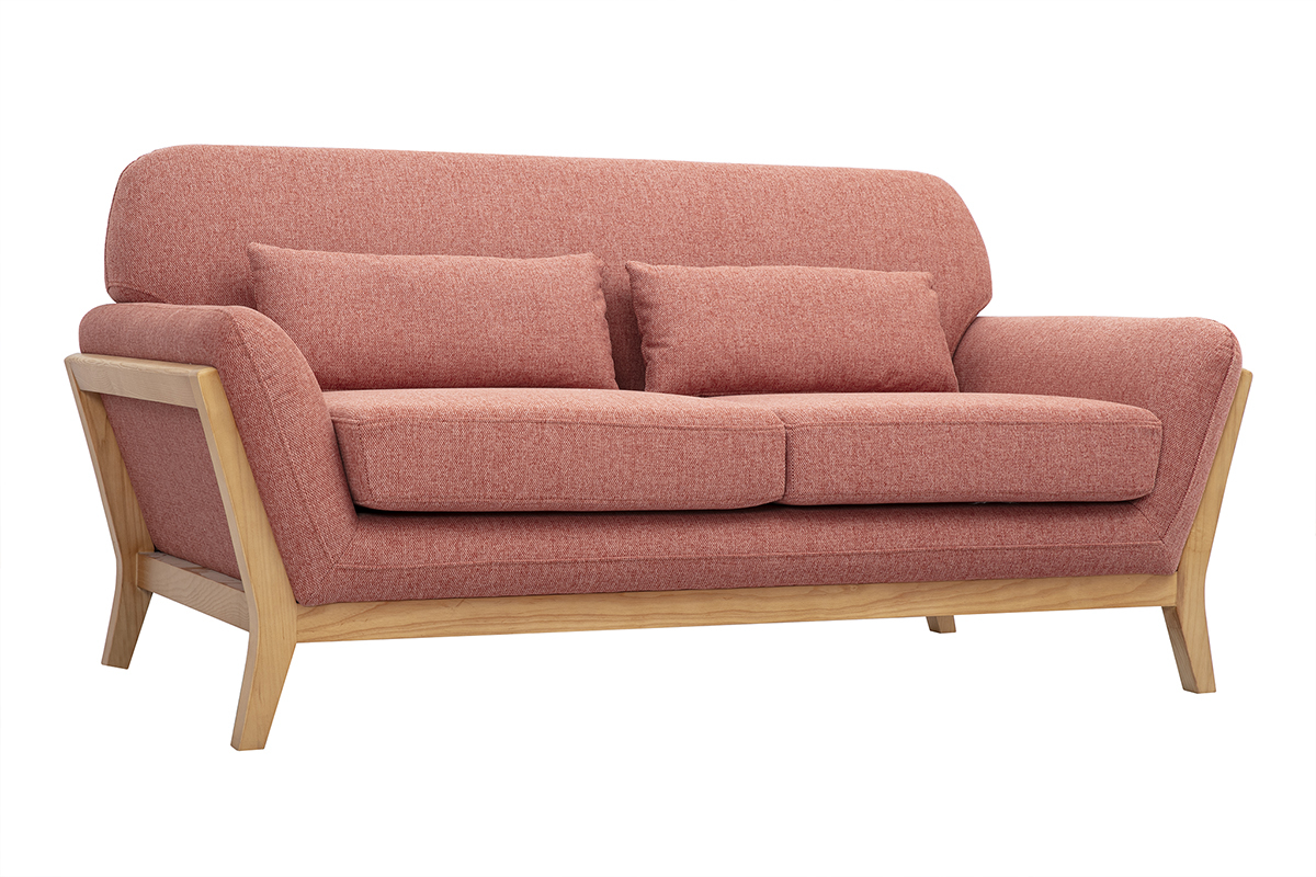 Canap scandinave 2 places en tissu effet velours textur terracotta et bois clair YOKO