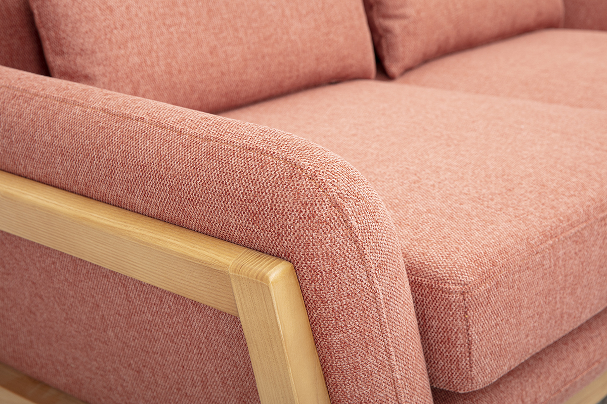 Canap scandinave 2 places en tissu effet velours textur terracotta et bois clair YOKO