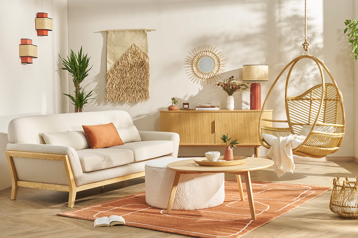 Canap scandinave 2 places en tissu effet velours textur terracotta et bois clair YOKO