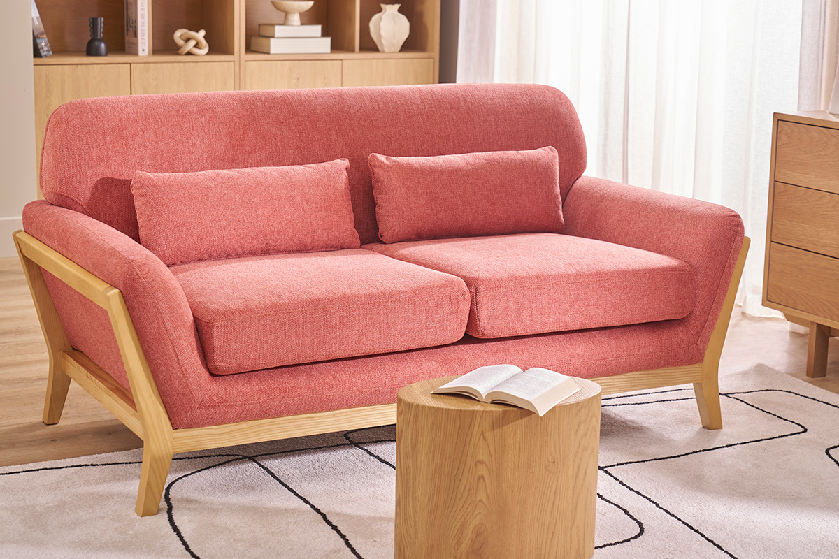 Canap� scandinave 2 places en tissu effet velours textur� terracotta et bois clair YOKO