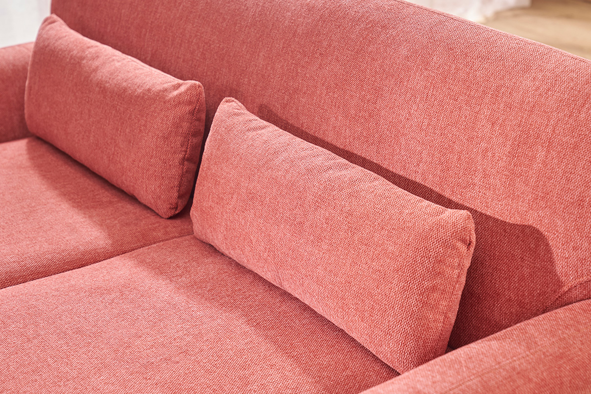 Canap� scandinave 2 places en tissu effet velours textur� terracotta et bois clair YOKO