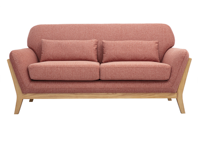 Canapé scandinave 2 places en tissu effet velours texturé terracotta et bois clair YOKO