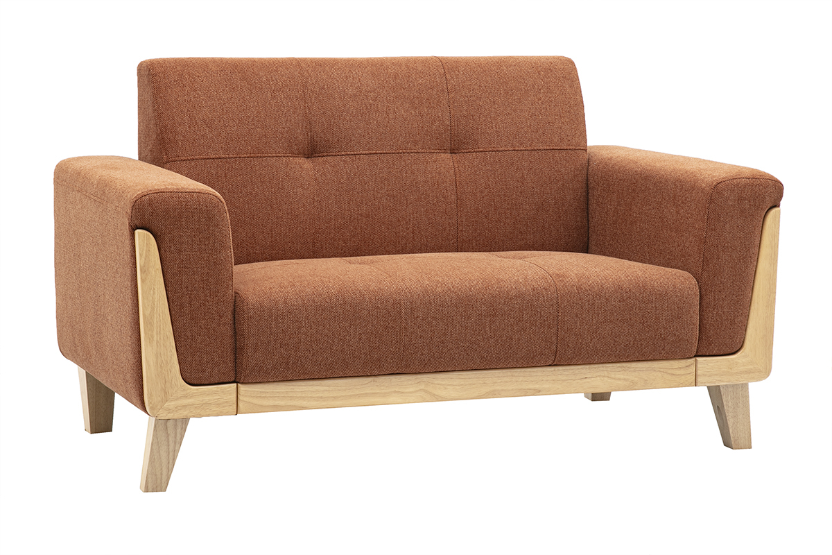 Canap� scandinave 2 places en tissu effet velours textur� terre br�l�e et bois clair FJORD