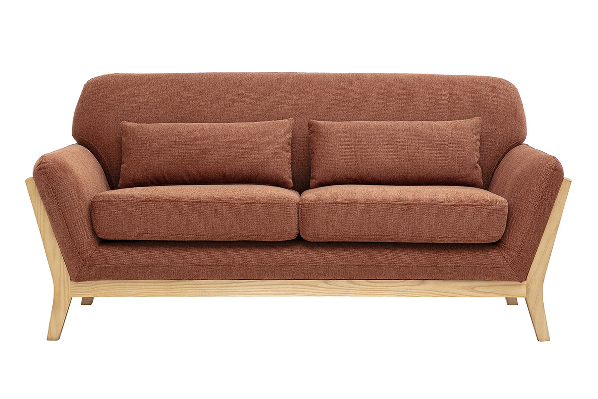 Canap� scandinave 2 places en tissu effet velours textur� terre br�l�e et bois clair YOKO