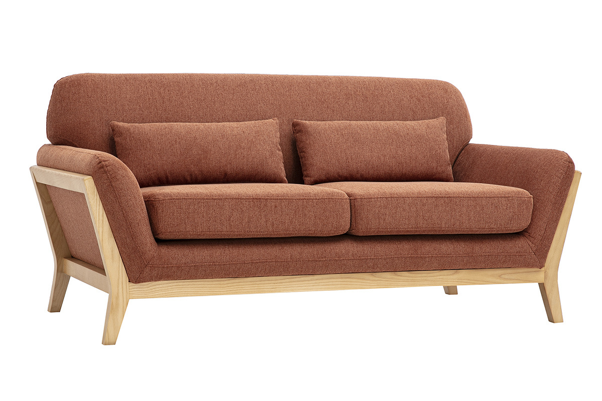 Canap� scandinave 2 places en tissu effet velours textur� terre br�l�e et bois clair YOKO