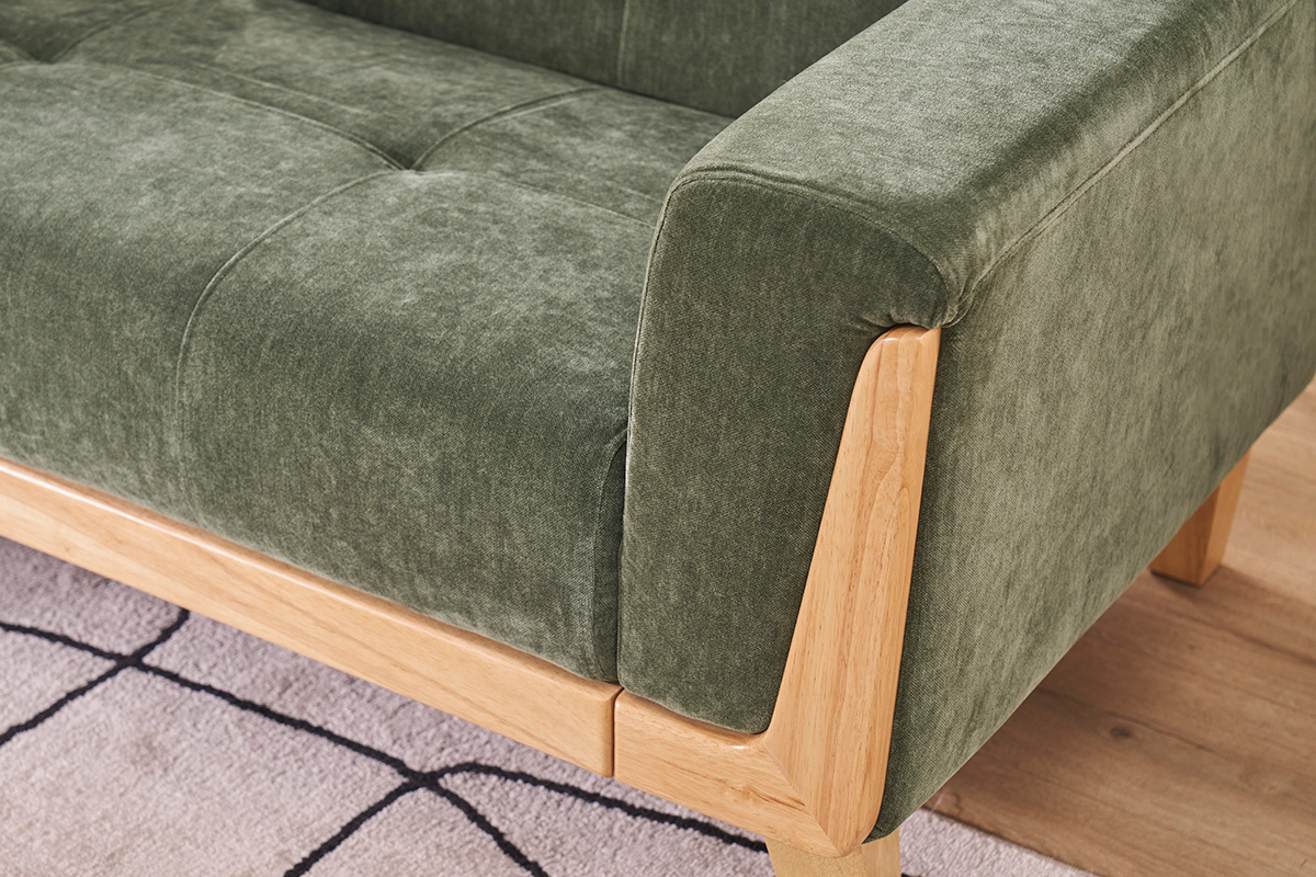 Canap� scandinave 2 places en tissu effet velours vert kaki et bois clair FJORD