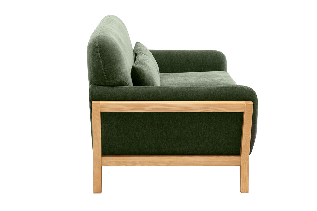 Canap� scandinave 2 places en tissu effet velours vert kaki et bois clair YOKO