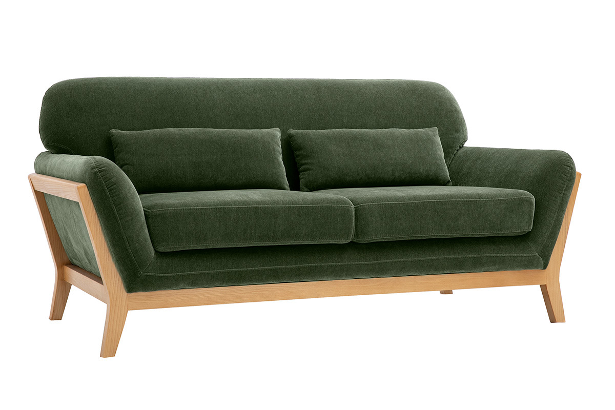 Canap� scandinave 2 places en tissu effet velours vert kaki et bois clair YOKO
