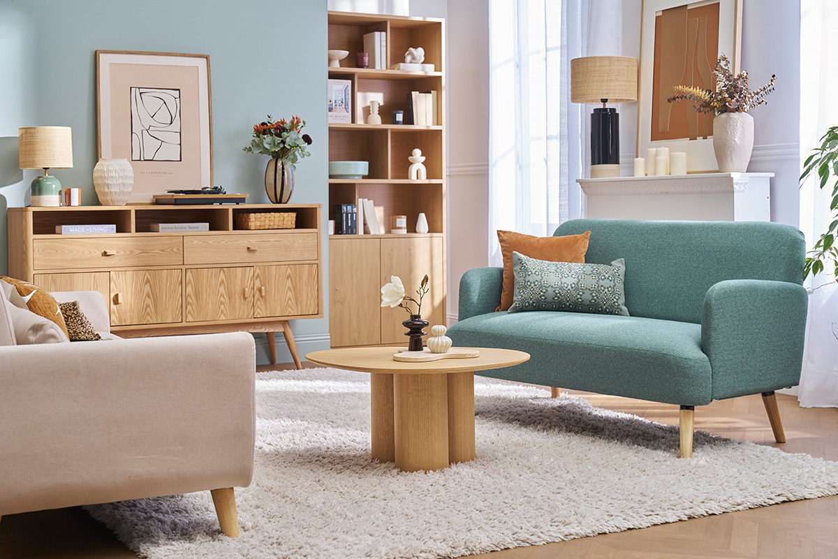 Canap scandinave 2 places en tissu vert de gris et bois clair ISKO