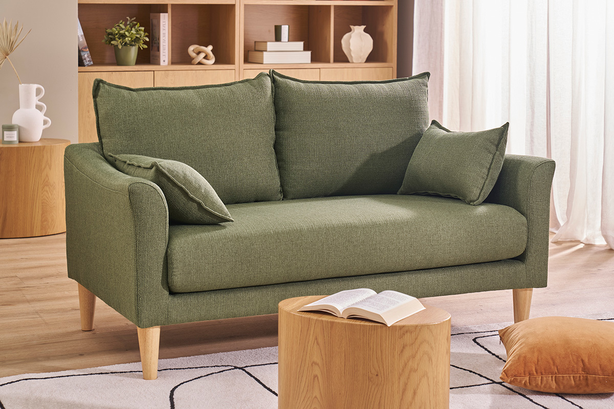 Canap� scandinave 2 places en tissu vert kaki et bois clair KATE