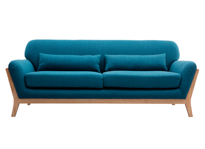 Canap&eacute; scandinave 3 places bleu canard pieds bois YOKO