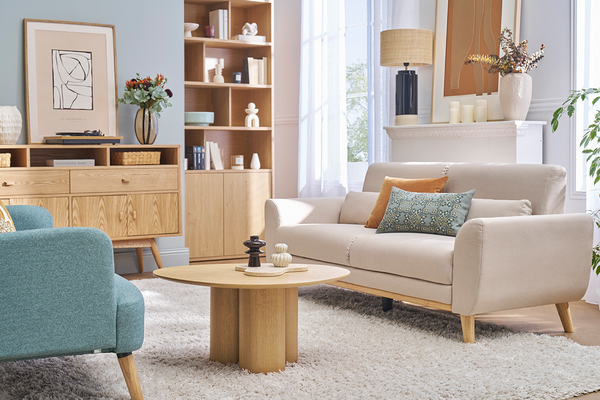 Canap scandinave 3 places en tissu beige et bois clair EKTOR