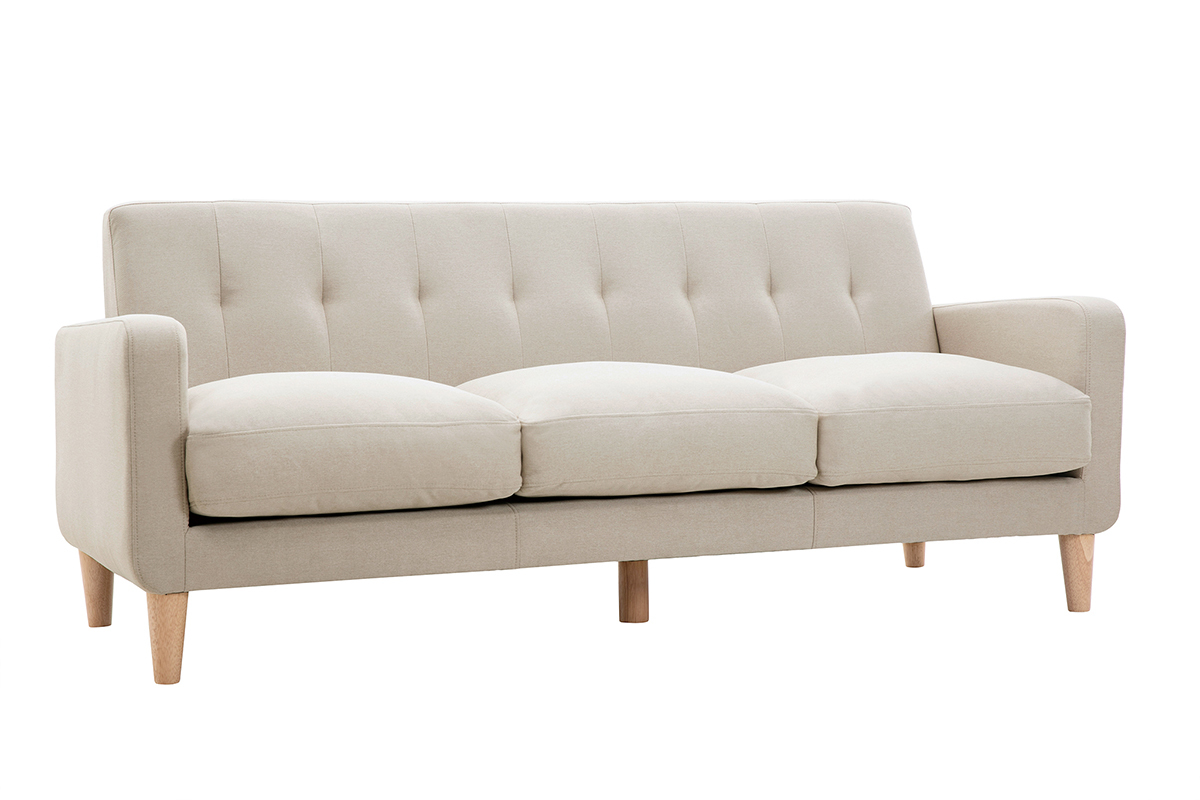 Canap scandinave 3 places en tissu beige et bois clair LUNA