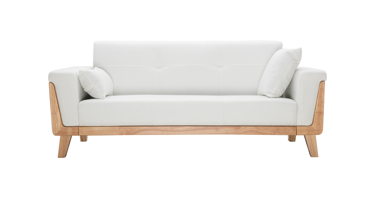 Canapé scandinave 3 places en tissu blanc cassé et bois clair