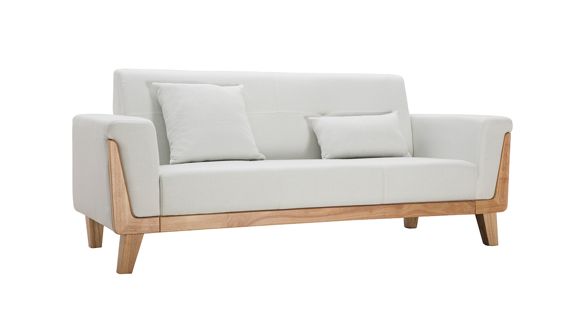 Canap scandinave 3 places en tissu blanc cass et bois clair FJORD