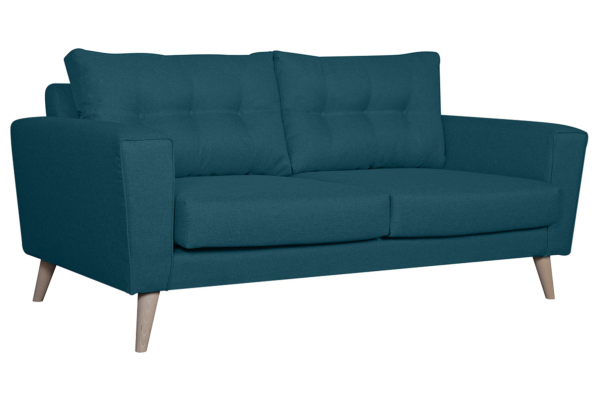 Canap scandinave 3 places en tissu bleu canard et bois clair BEAUBOURG