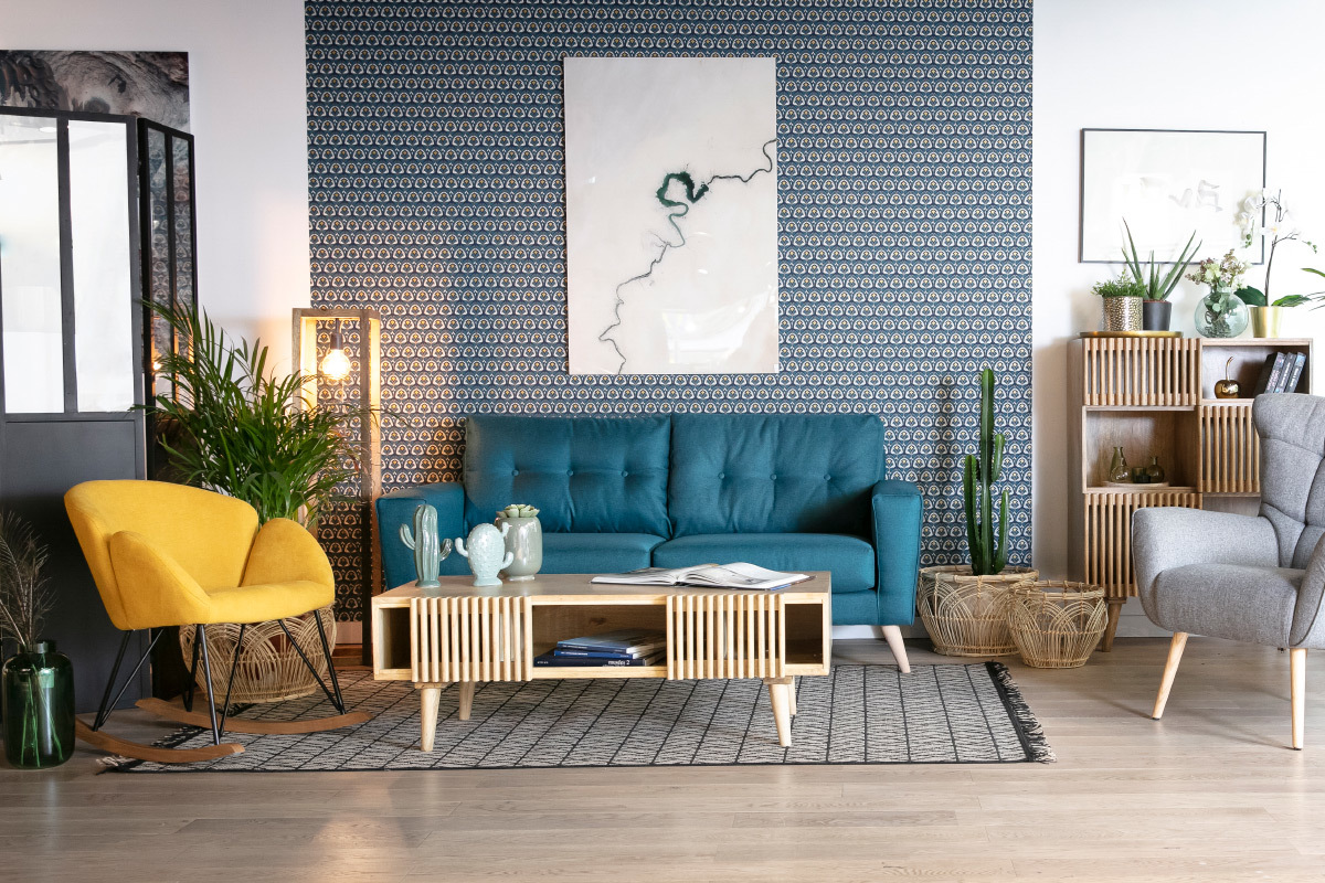Canap scandinave 3 places en tissu bleu canard et bois clair BEAUBOURG