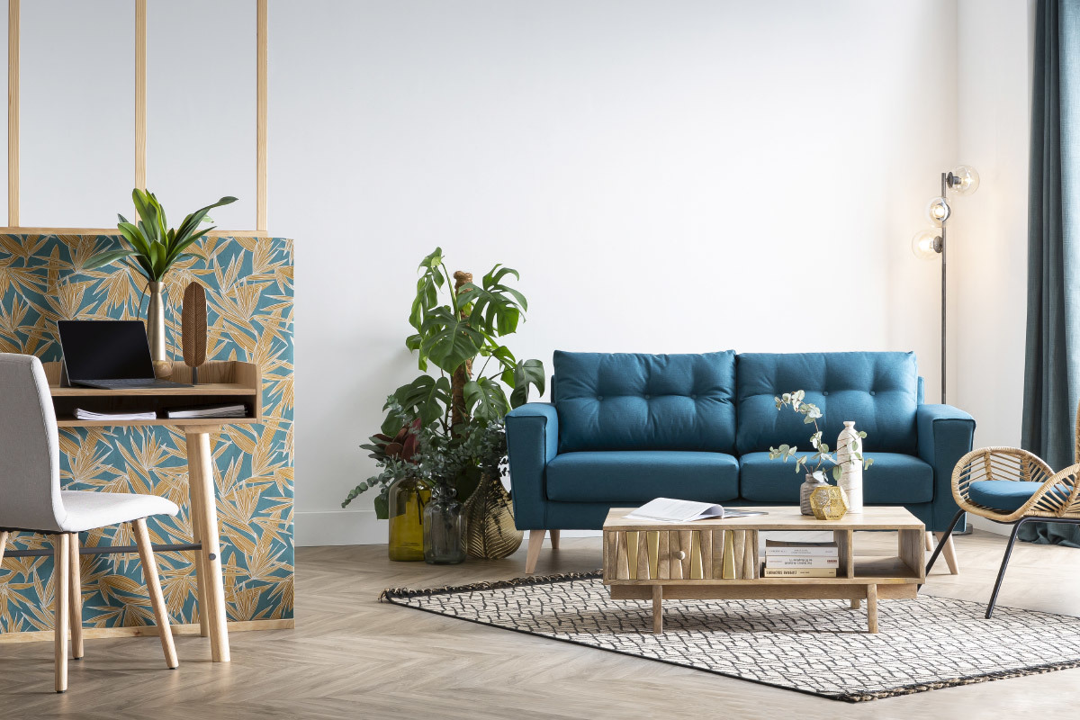 Canap scandinave 3 places en tissu bleu canard et bois clair BEAUBOURG