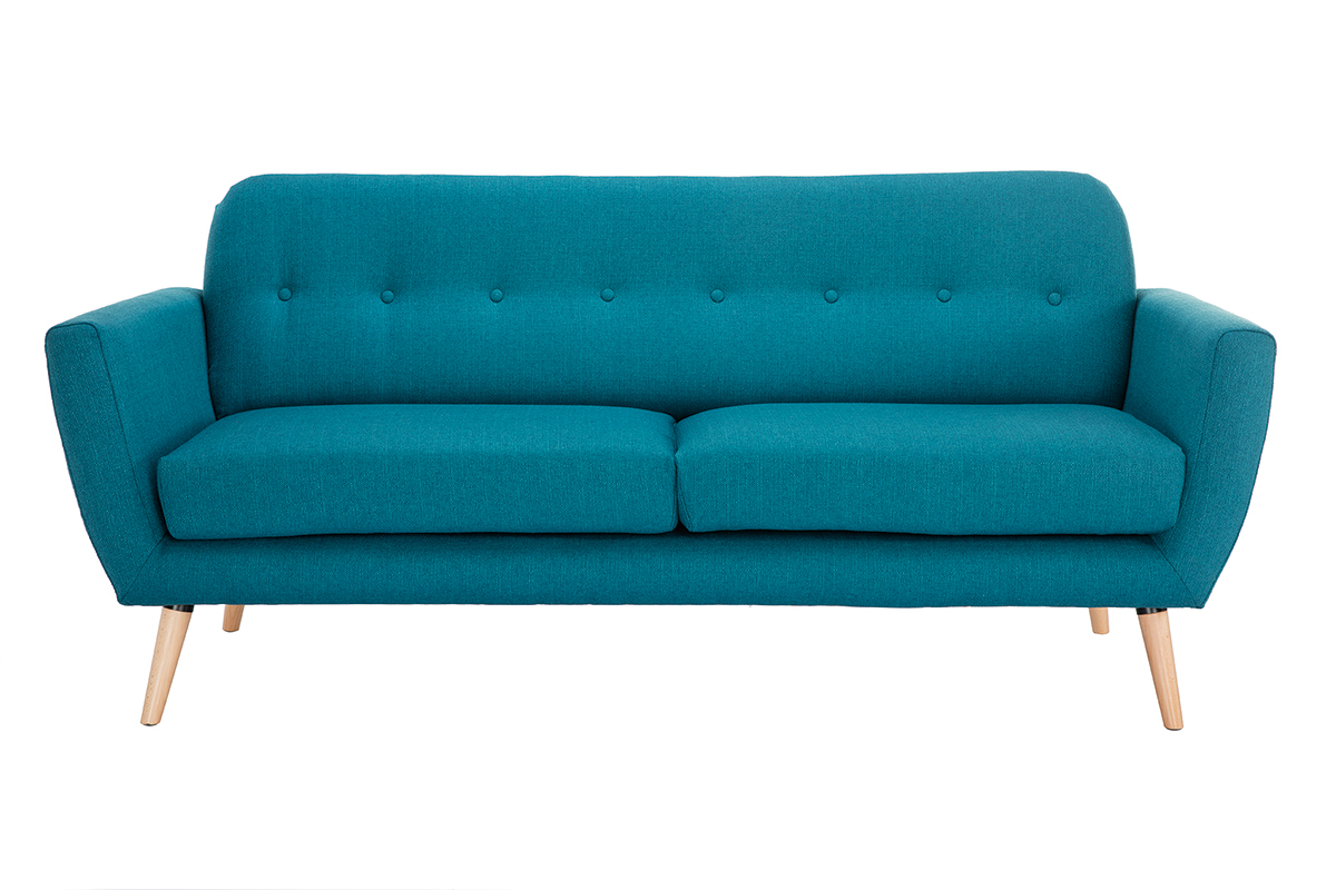 Canap� scandinave 3 places en tissu bleu canard et bois clair KYNO
