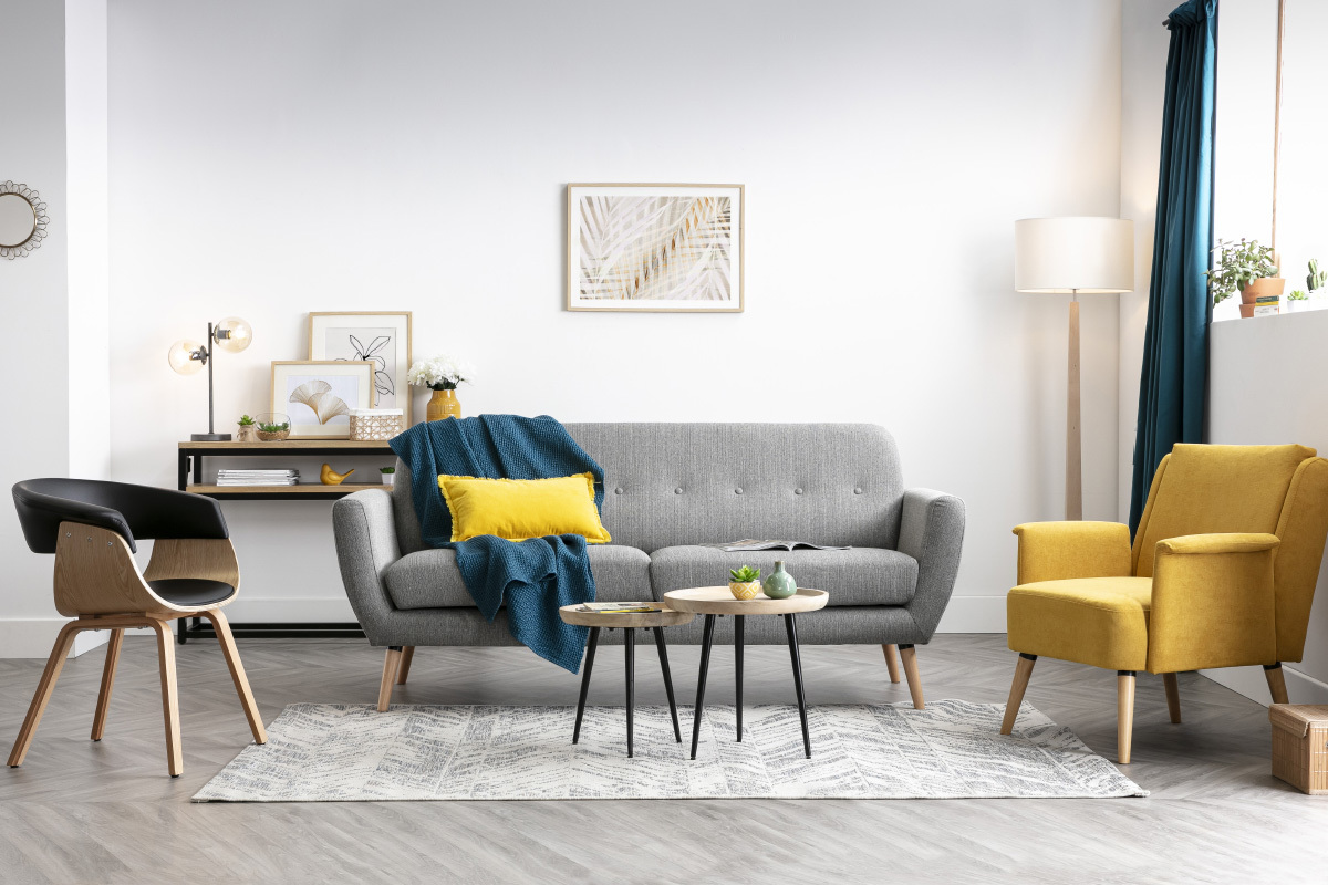 Canap� scandinave 3 places en tissu bleu canard et bois clair KYNO