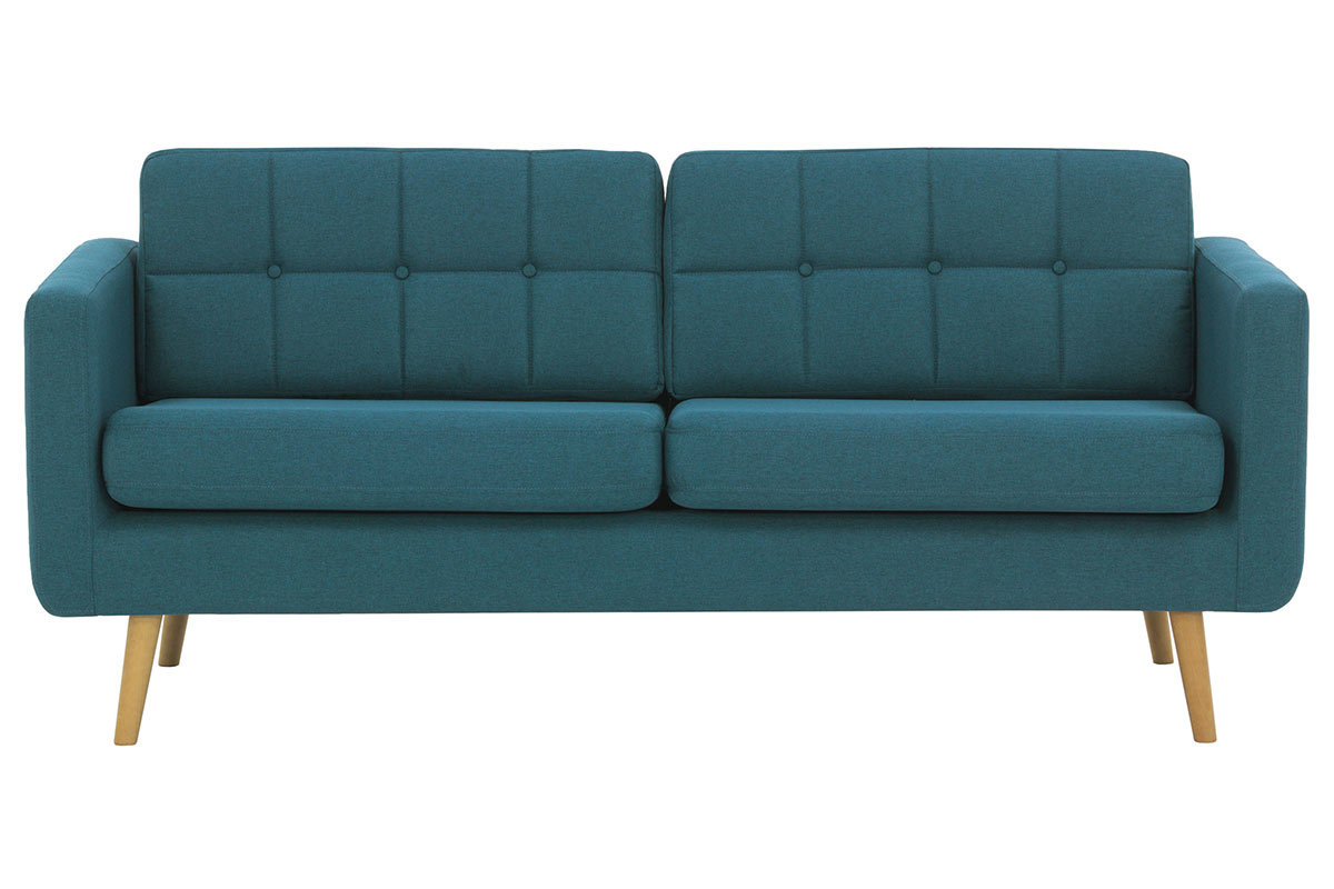 Canap� scandinave 3 places en tissu bleu canard et bois ELFE