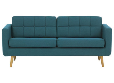 Canap&eacute; scandinave 3 places en tissu bleu canard et bois ELFE
