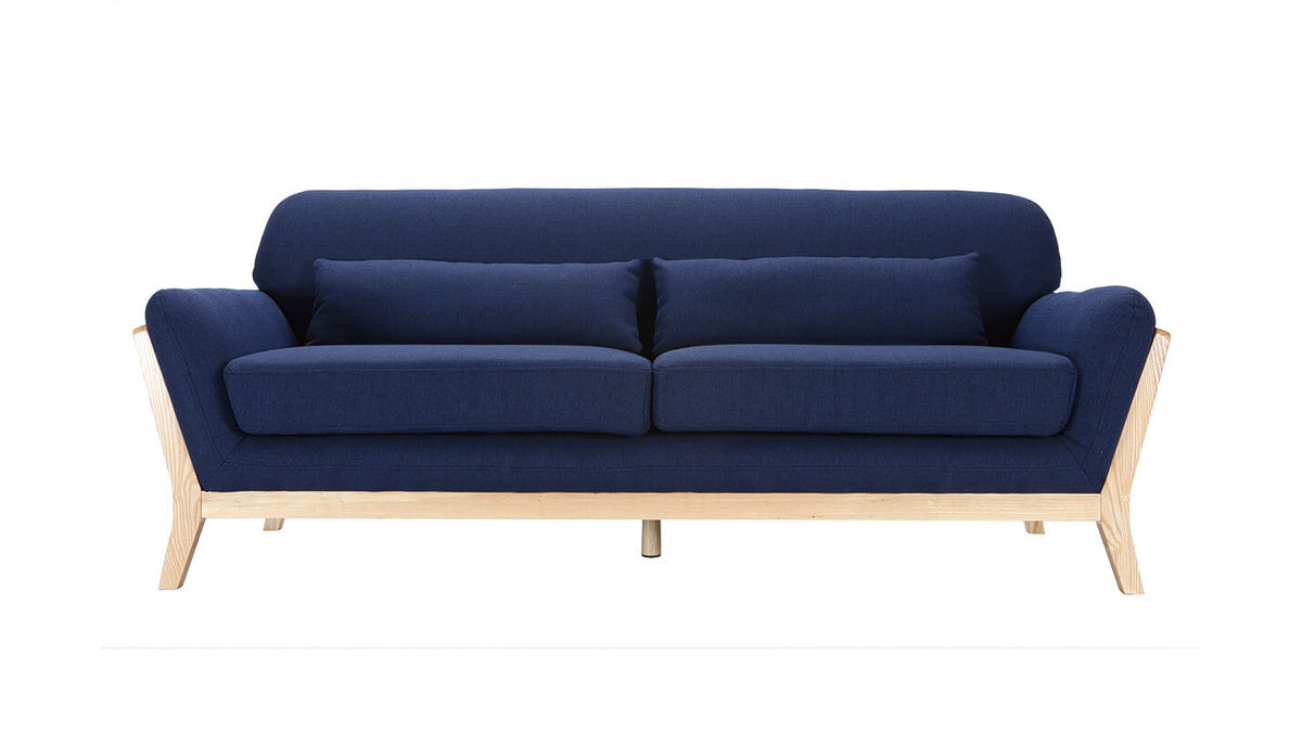 Canap scandinave 3 places en tissu bleu fonc et bois clair YOKO