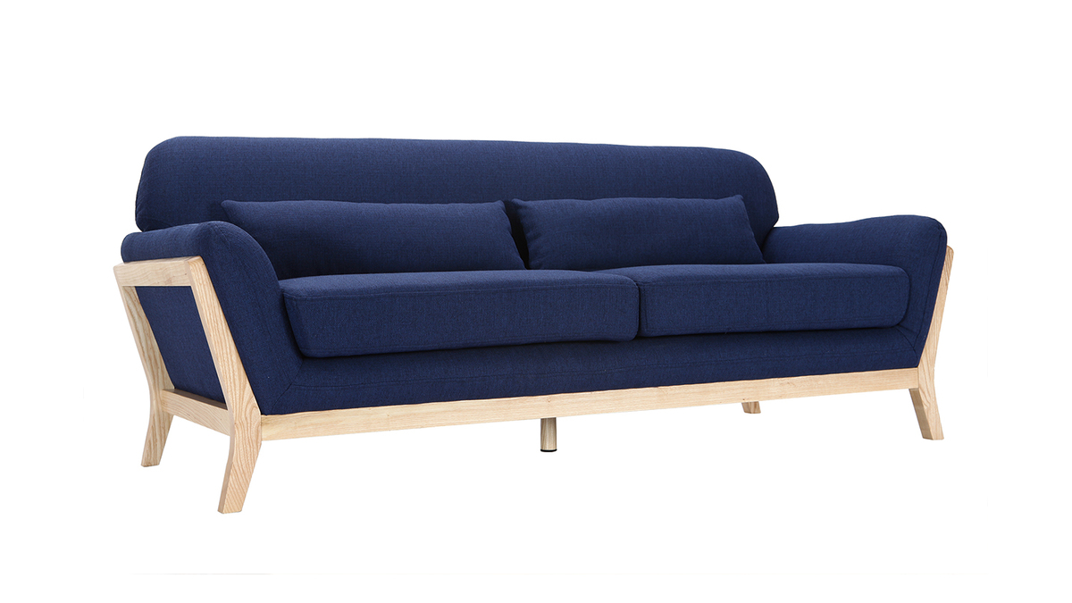 Canap scandinave 3 places en tissu bleu fonc et bois clair YOKO