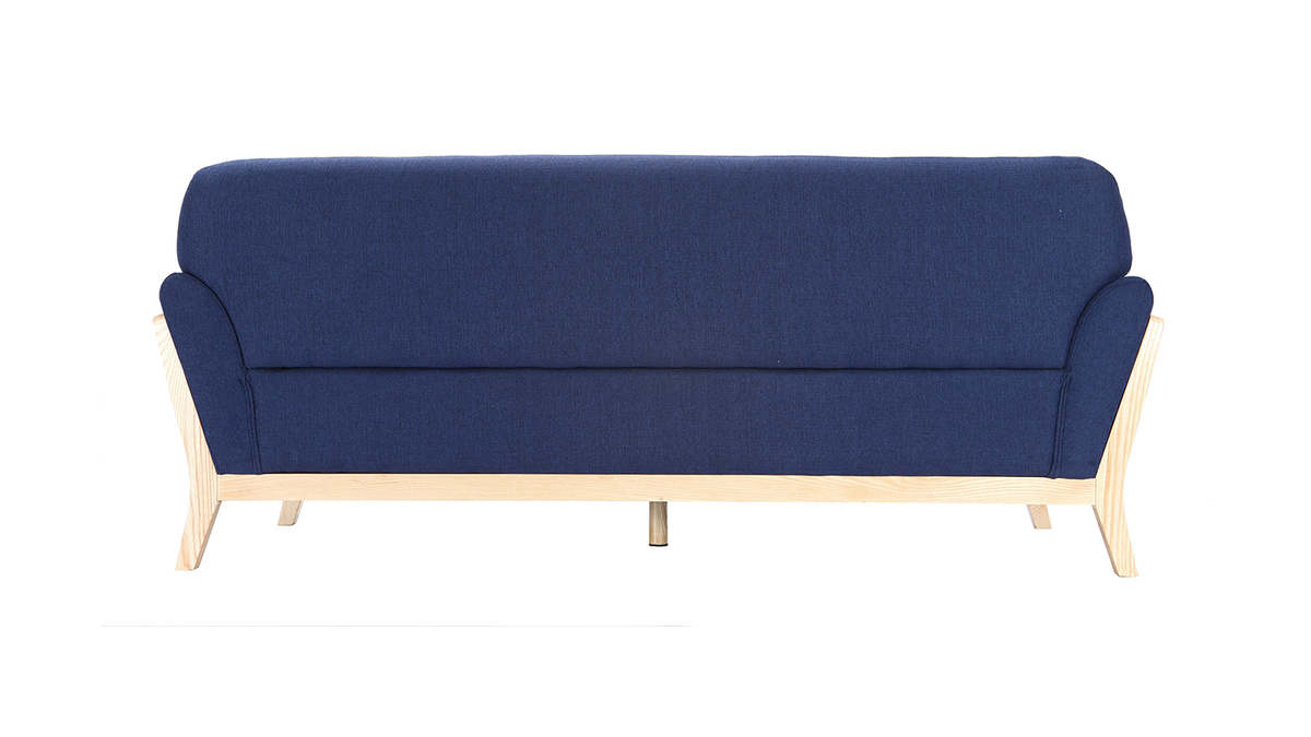 Canap scandinave 3 places en tissu bleu fonc et bois clair YOKO