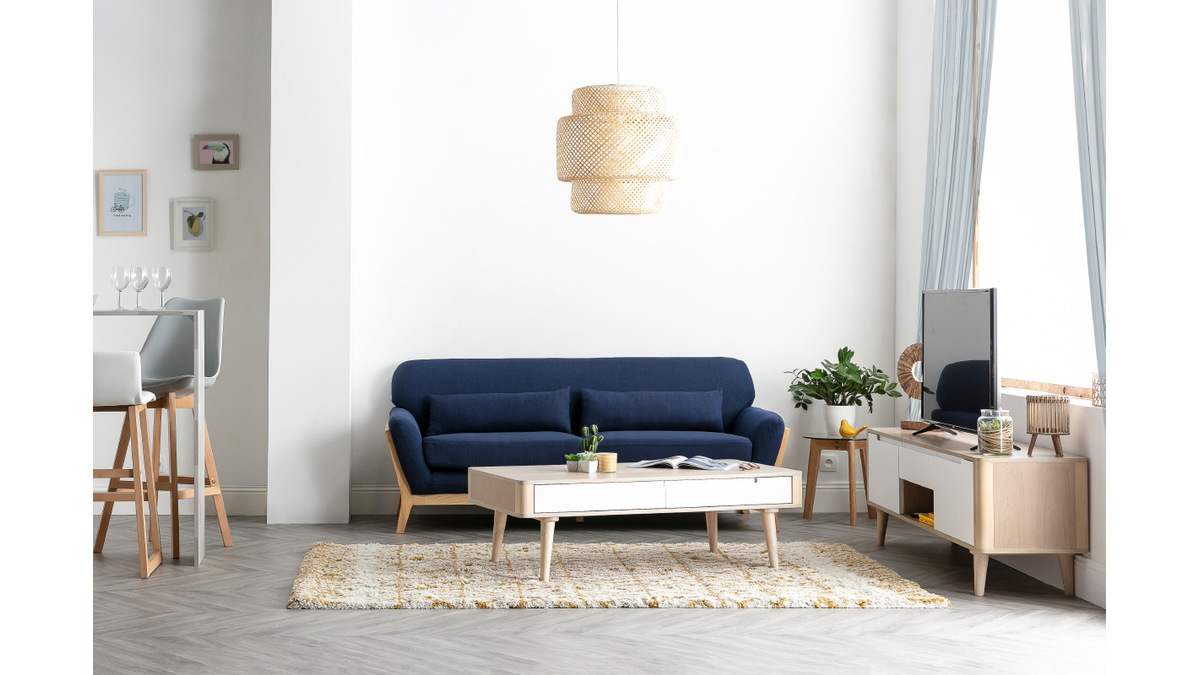 Canap scandinave 3 places en tissu bleu fonc et bois clair YOKO