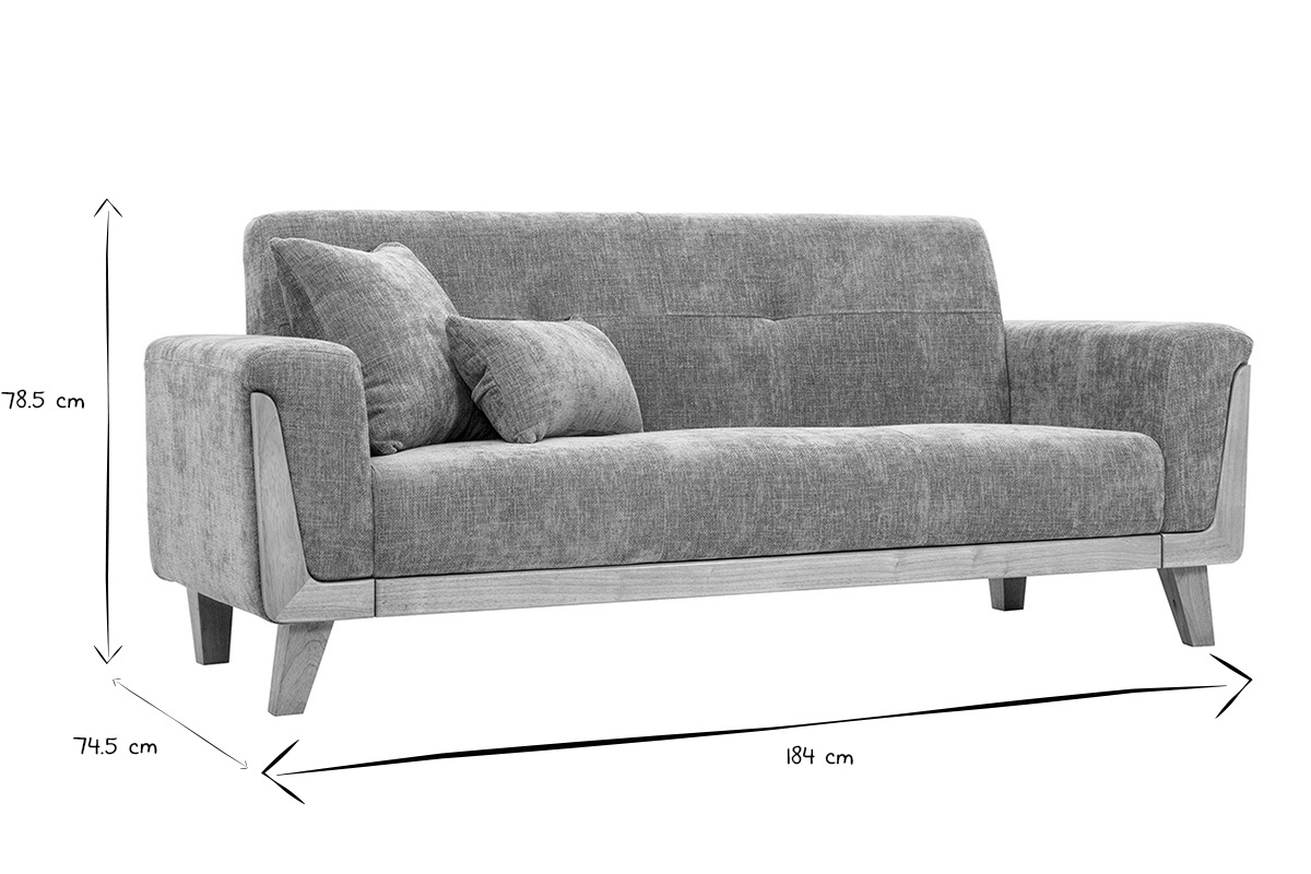 Canap� scandinave 3 places en tissu effet velours textur� taupe et bois clair FJORD