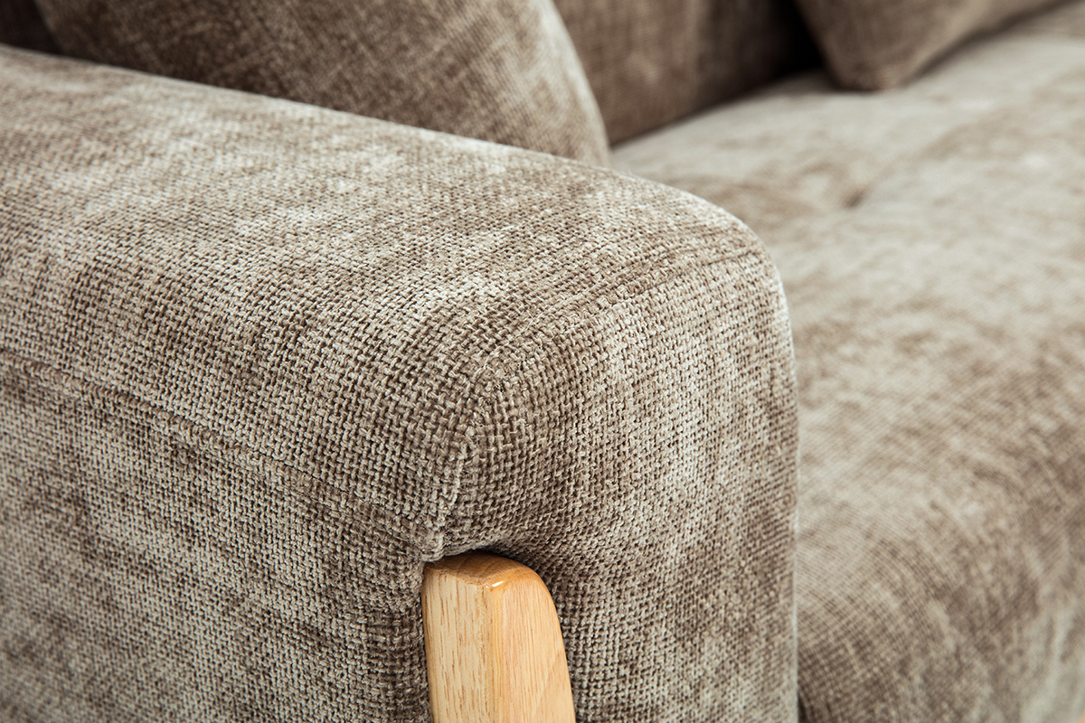 Canap� scandinave 3 places en tissu effet velours textur� taupe et bois clair FJORD