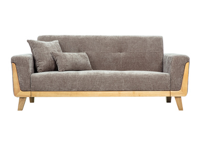 Canap&eacute; scandinave 3 places en tissu effet velours textur&eacute; taupe et bois clair FJORD
