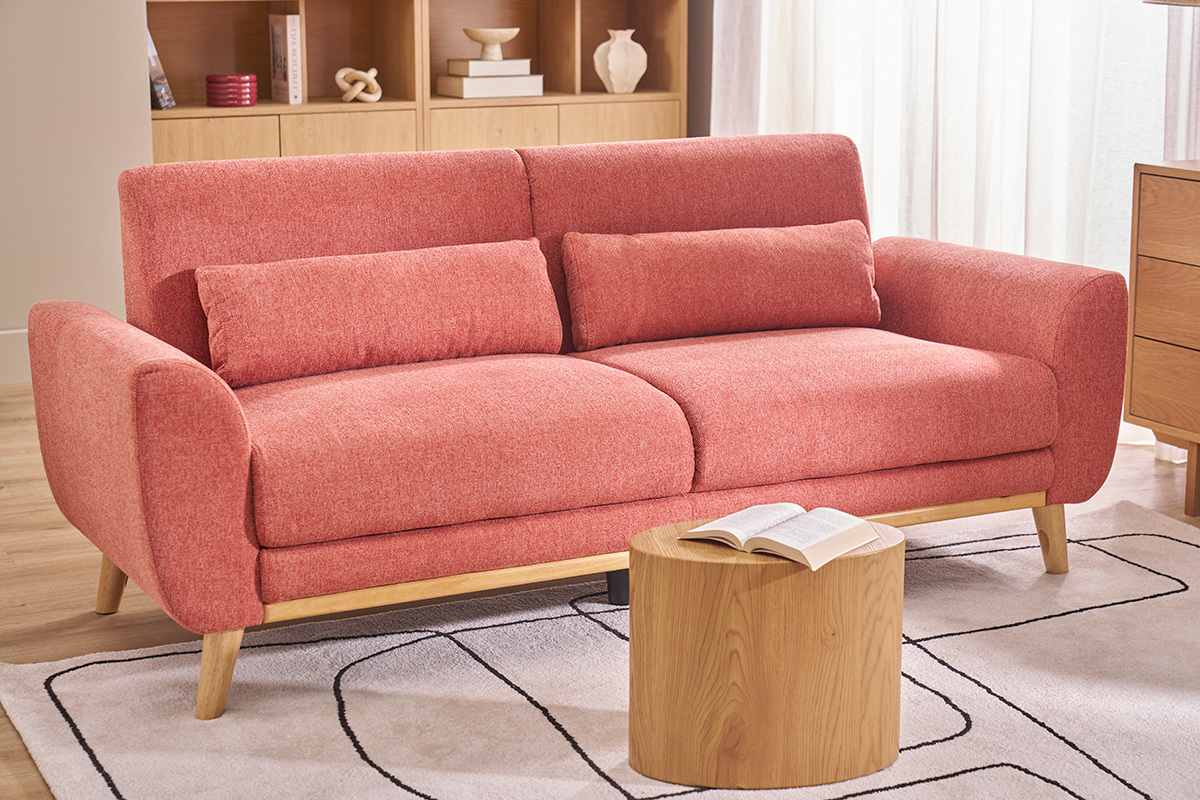 Canap� scandinave 3 places en tissu effet velours textur� terracotta et bois clair EKTOR