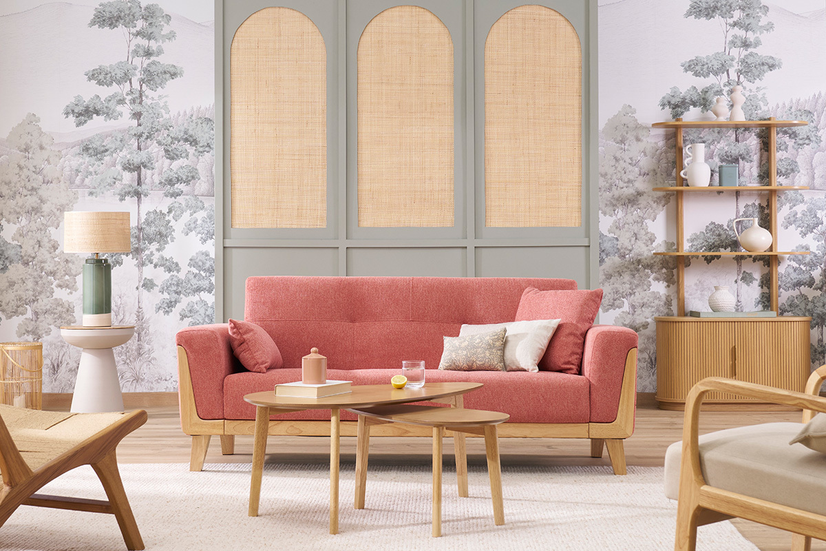 Canapé scandinave 3 places en tissu effet velours texturé terracotta et bois clair FJORD