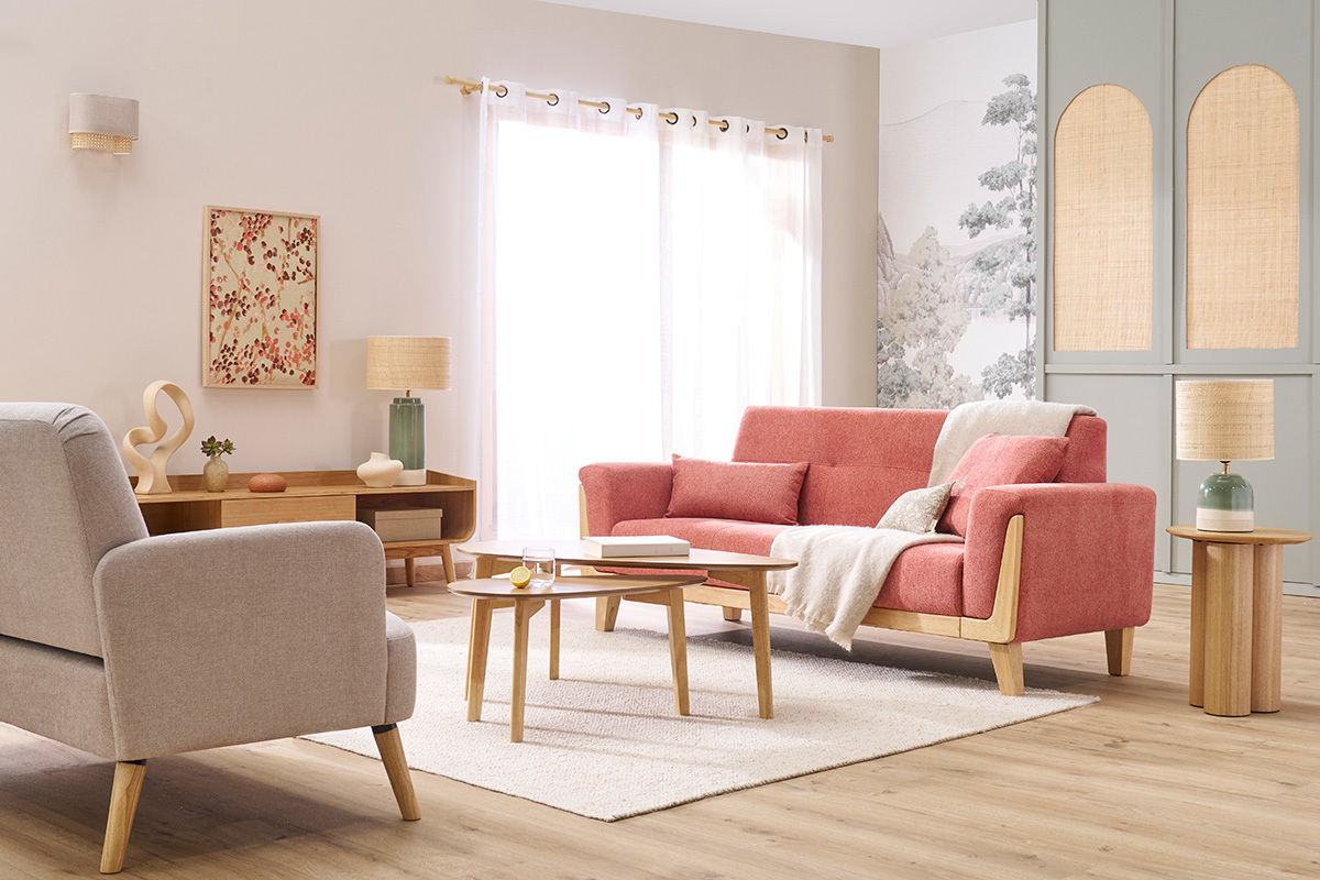 Canapé scandinave 3 places en tissu effet velours texturé terracotta et bois clair FJORD