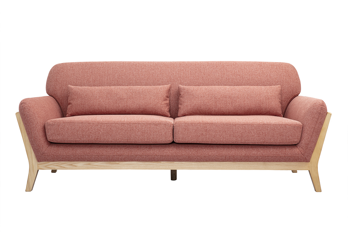 Canap scandinave 3 places en tissu effet velours textur terracotta et bois clair YOKO