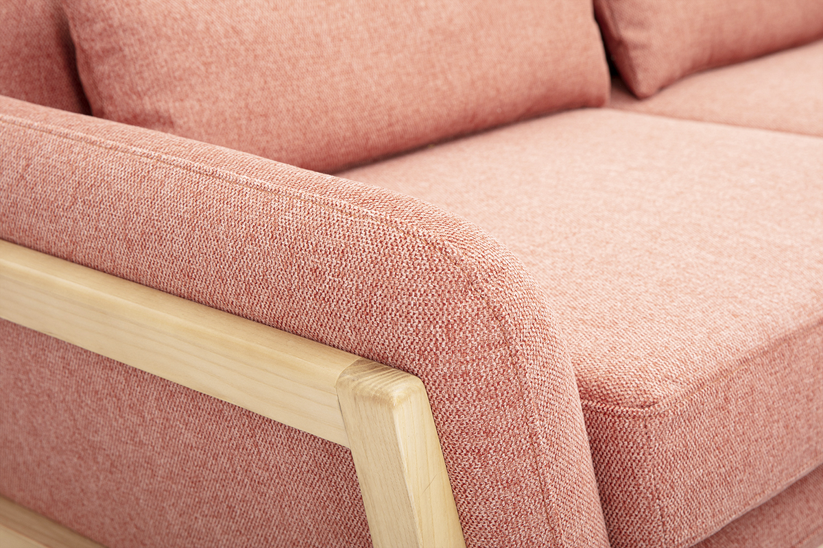 Canap scandinave 3 places en tissu effet velours textur terracotta et bois clair YOKO