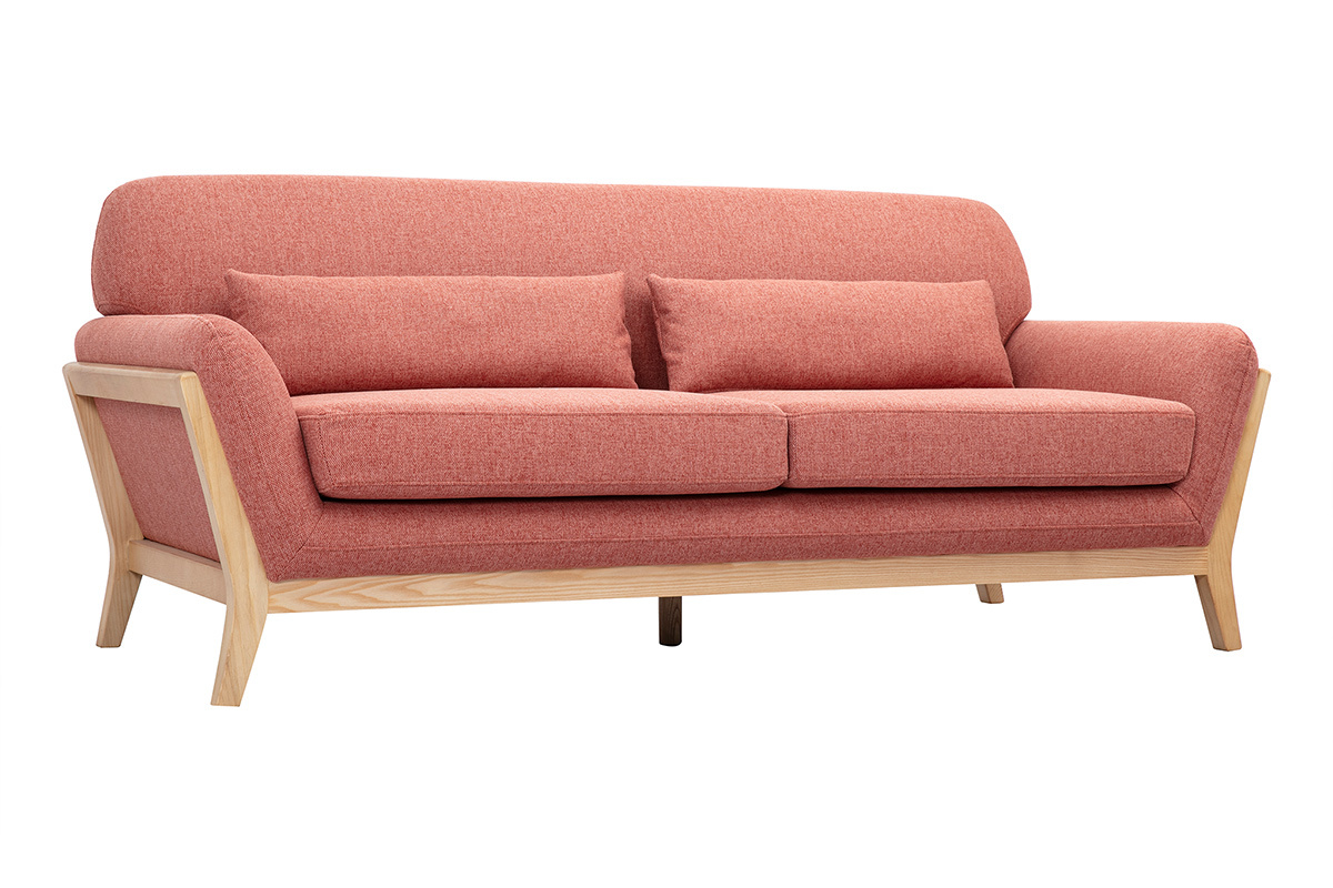 Canap scandinave 3 places en tissu effet velours textur terracotta et bois clair YOKO