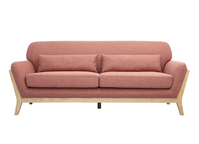 Canapé scandinave 3 places en tissu effet velours texturé terracotta et bois clair YOKO