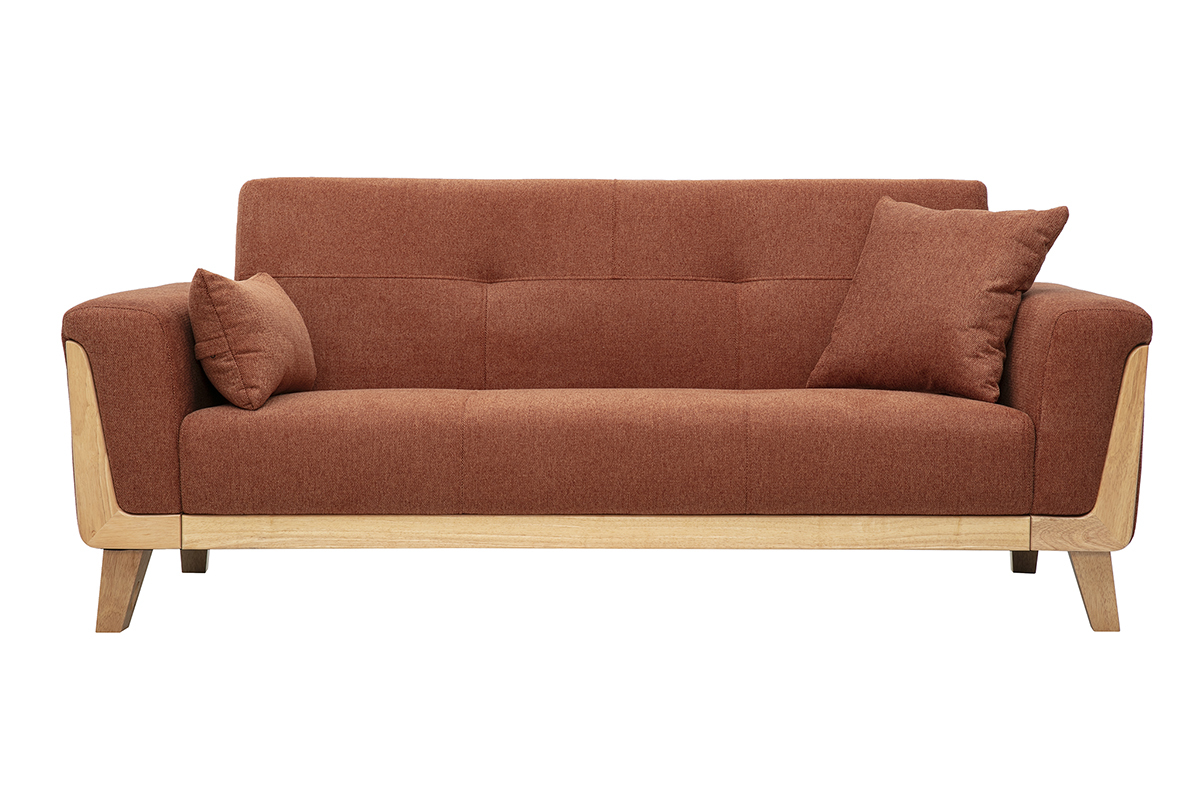 Canap� scandinave 3 places en tissu effet velours textur� terre br�l�e et bois clair FJORD