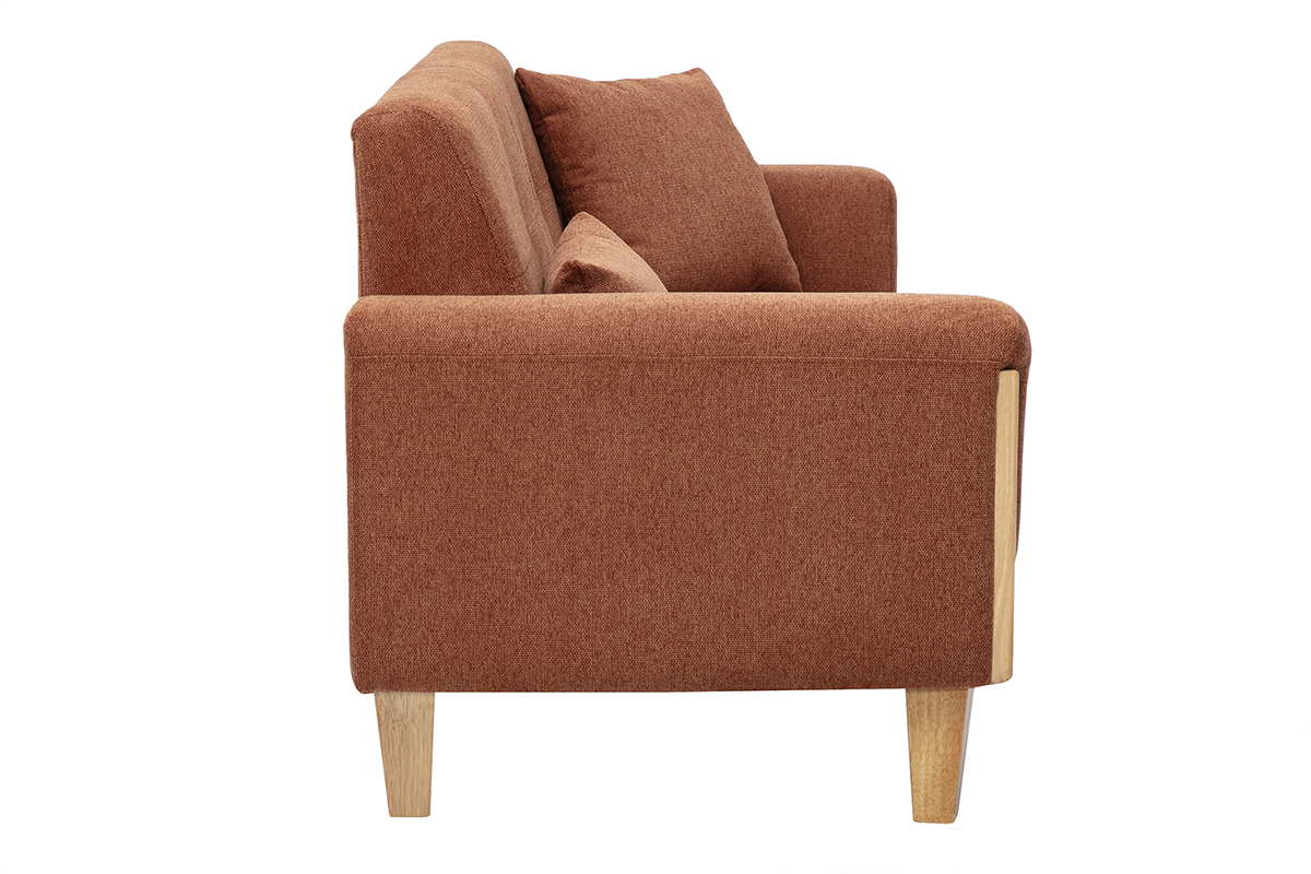 Canap� scandinave 3 places en tissu effet velours textur� terre br�l�e et bois clair FJORD